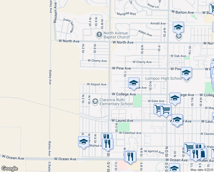map of restaurants, bars, coffee shops, grocery stores, and more near 621 V Street in Lompoc