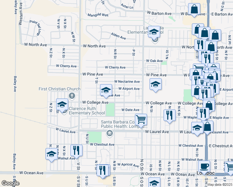 map of restaurants, bars, coffee shops, grocery stores, and more near 1017 West Prune Avenue in Lompoc