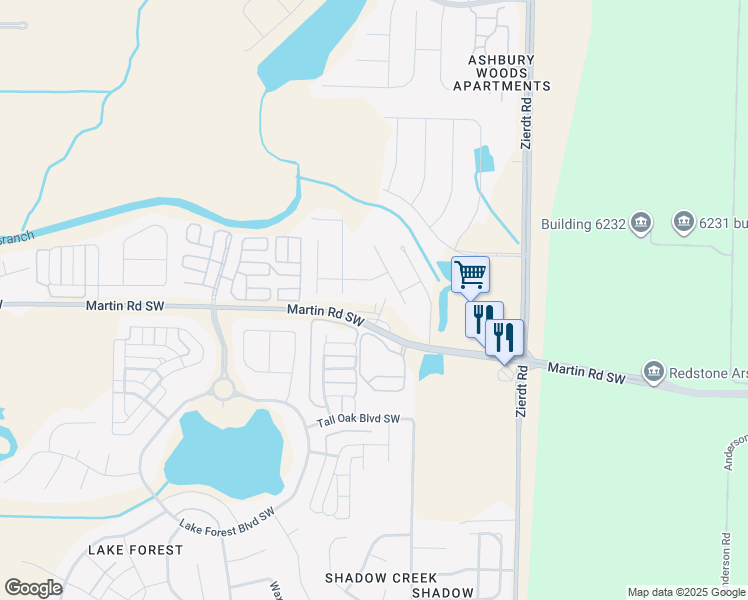map of restaurants, bars, coffee shops, grocery stores, and more near 121 Jamar Circle Southwest in Huntsville