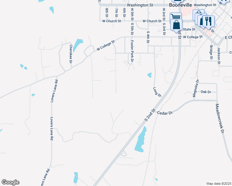 map of restaurants, bars, coffee shops, grocery stores, and more near 412 East Skyline Drive in Booneville