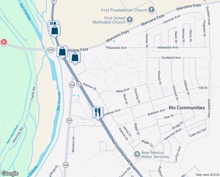 map of restaurants, bars, coffee shops, grocery stores, and more near 100 Craig Place in Belen