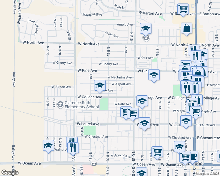 map of restaurants, bars, coffee shops, grocery stores, and more near 1017 West Prune Avenue in Lompoc