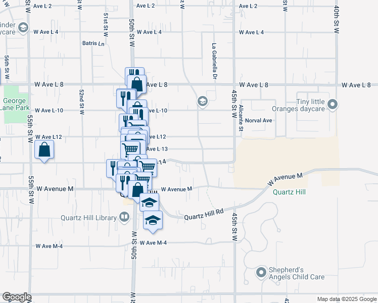 map of restaurants, bars, coffee shops, grocery stores, and more near 4732 West Avenue L 13 in Lancaster