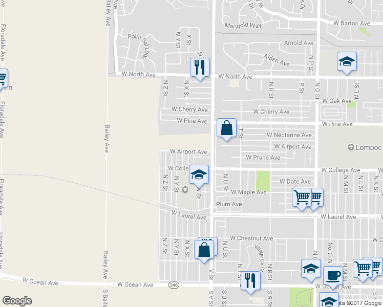 map of restaurants, bars, coffee shops, grocery stores, and more near 620 North X Street in Lompoc