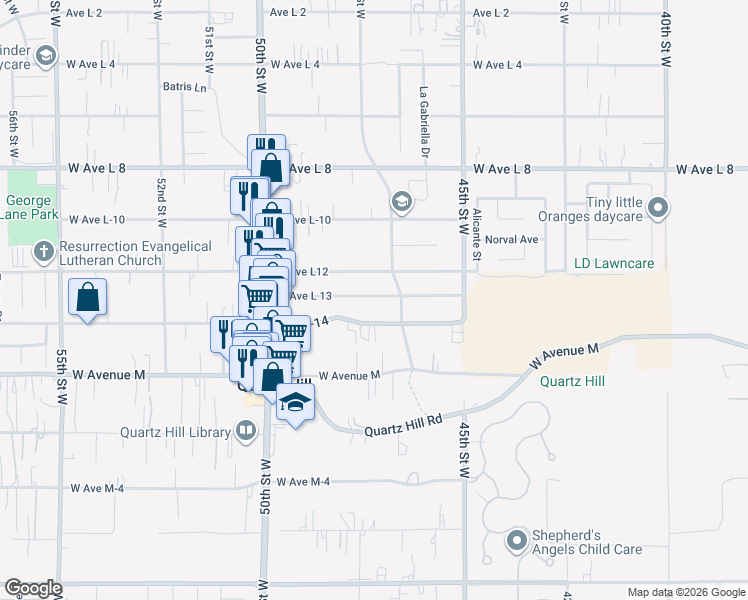 map of restaurants, bars, coffee shops, grocery stores, and more near 4727 West Avenue L 13 in Quartz Hill
