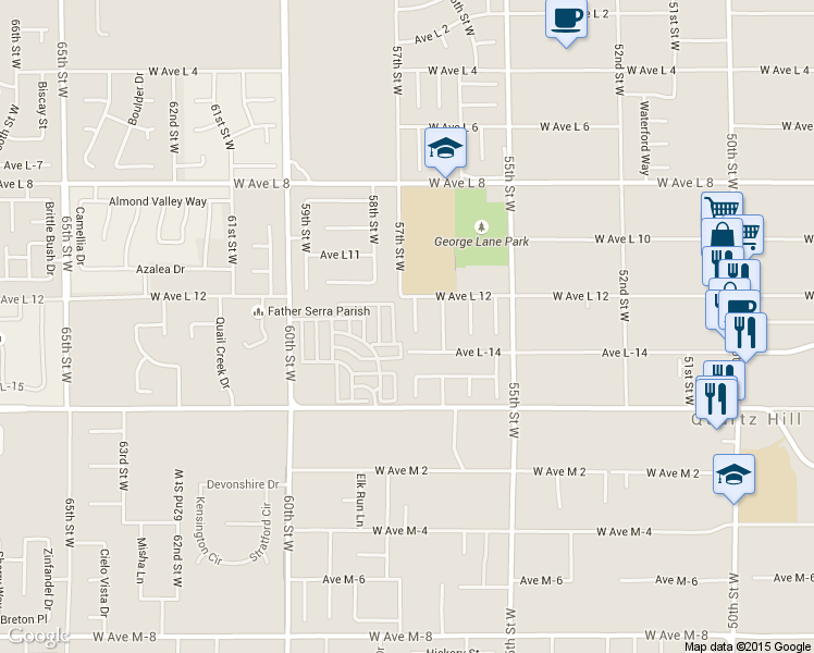 map of restaurants, bars, coffee shops, grocery stores, and more near 42129 Madison Court in Lancaster
