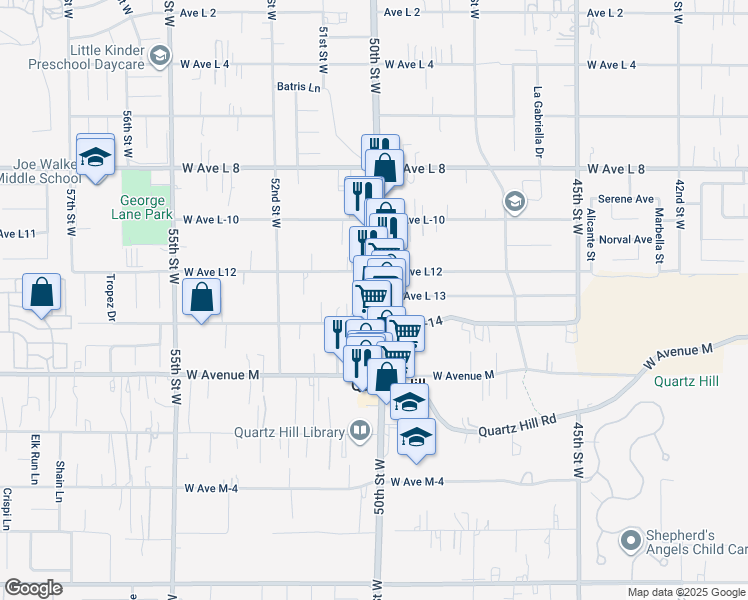 map of restaurants, bars, coffee shops, grocery stores, and more near 42151 50th Street West in Quartz Hill