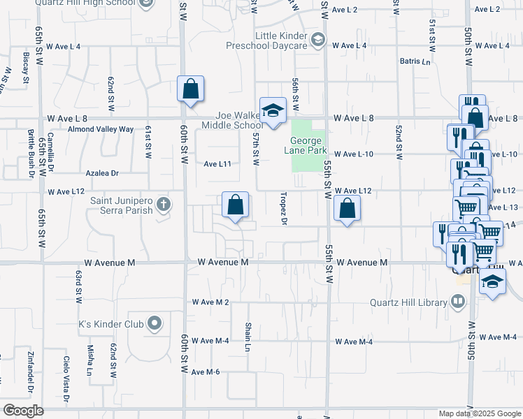 map of restaurants, bars, coffee shops, grocery stores, and more near 42129 Madison Court in Lancaster