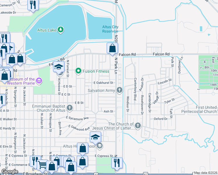 map of restaurants, bars, coffee shops, grocery stores, and more near 1320 East Oakhurst Street in Altus