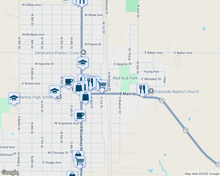 map of restaurants, bars, coffee shops, grocery stores, and more near 202 North Railroad Street in Marlow