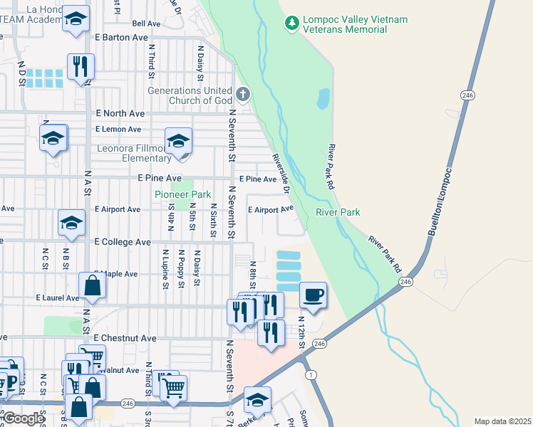 map of restaurants, bars, coffee shops, grocery stores, and more near 632 North 9th Street in Lompoc