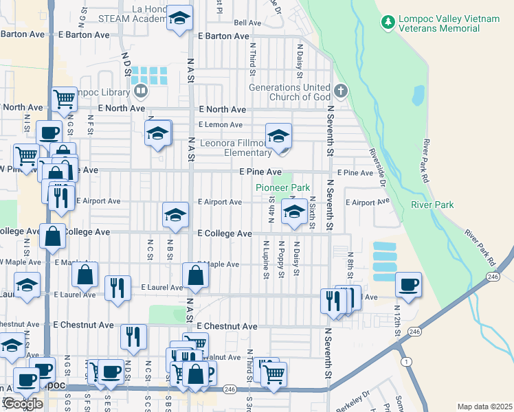 map of restaurants, bars, coffee shops, grocery stores, and more near 638 North 3rd Street in Lompoc