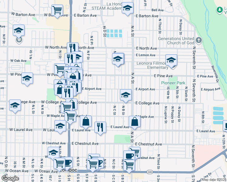 map of restaurants, bars, coffee shops, grocery stores, and more near 624 North Larkspur Street in Lompoc