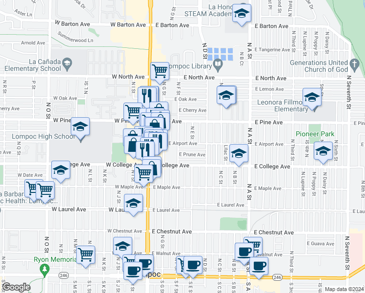 map of restaurants, bars, coffee shops, grocery stores, and more near 304 East Airport Avenue in Lompoc