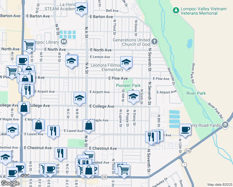 map of restaurants, bars, coffee shops, grocery stores, and more near 638 North Third Street in Lompoc