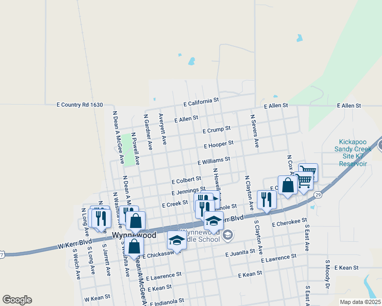 map of restaurants, bars, coffee shops, grocery stores, and more near 505 East Hooper Street in Wynnewood