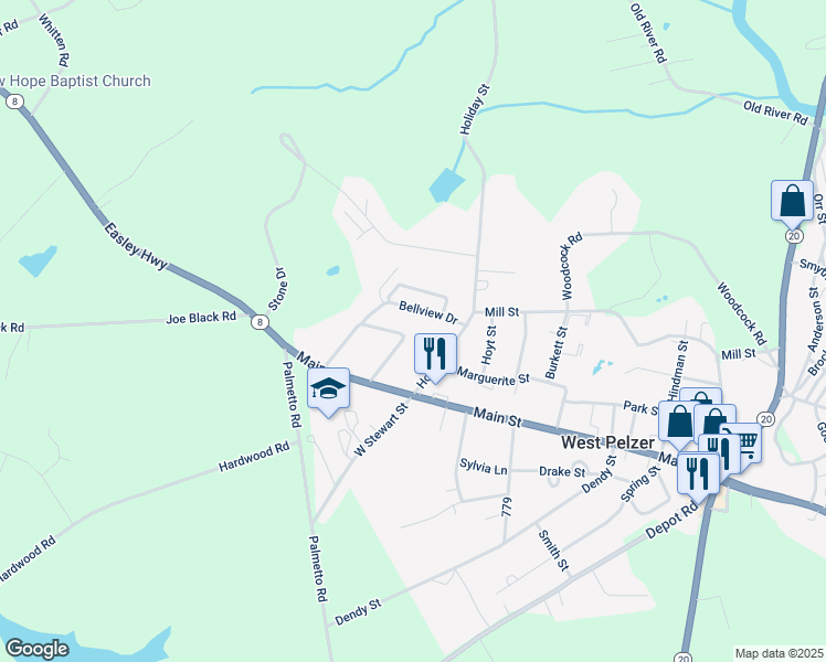 map of restaurants, bars, coffee shops, grocery stores, and more near 109 Bellview in Pelzer