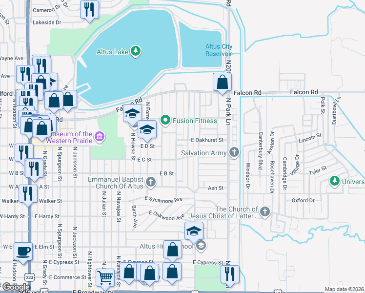 map of restaurants, bars, coffee shops, grocery stores, and more near in Altus