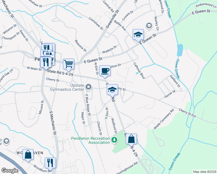 map of restaurants, bars, coffee shops, grocery stores, and more near 200 State Road S-4-29 in Pendleton