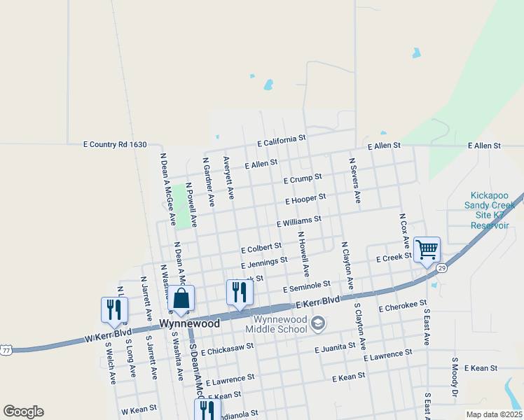 map of restaurants, bars, coffee shops, grocery stores, and more near 505 East Hooper Street in Wynnewood