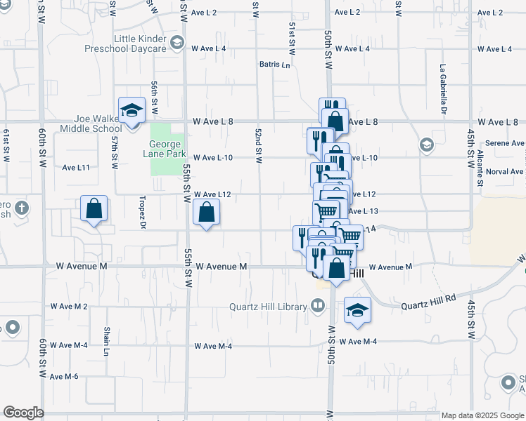 map of restaurants, bars, coffee shops, grocery stores, and more near 42134 52nd Street West in Lancaster