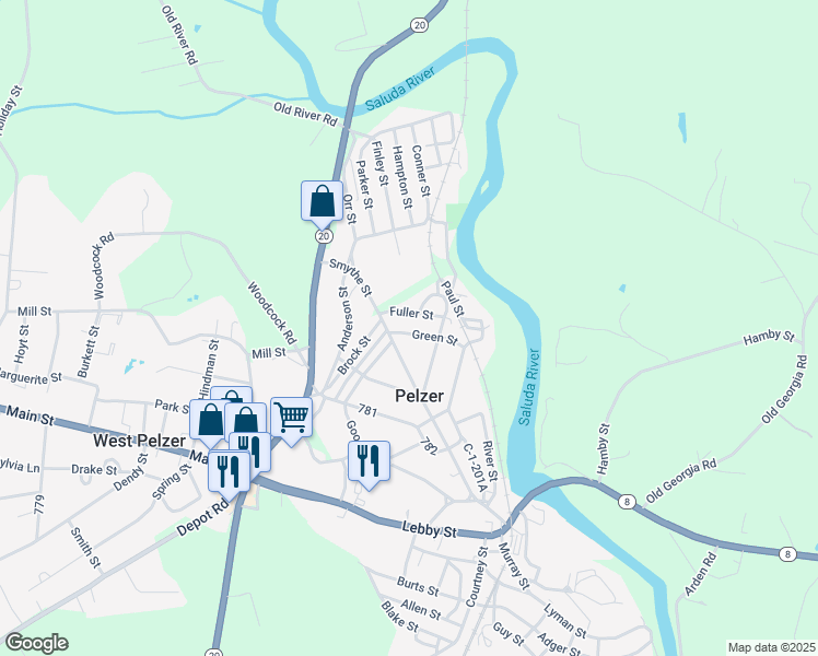 map of restaurants, bars, coffee shops, grocery stores, and more near 3 Green St in Pelzer