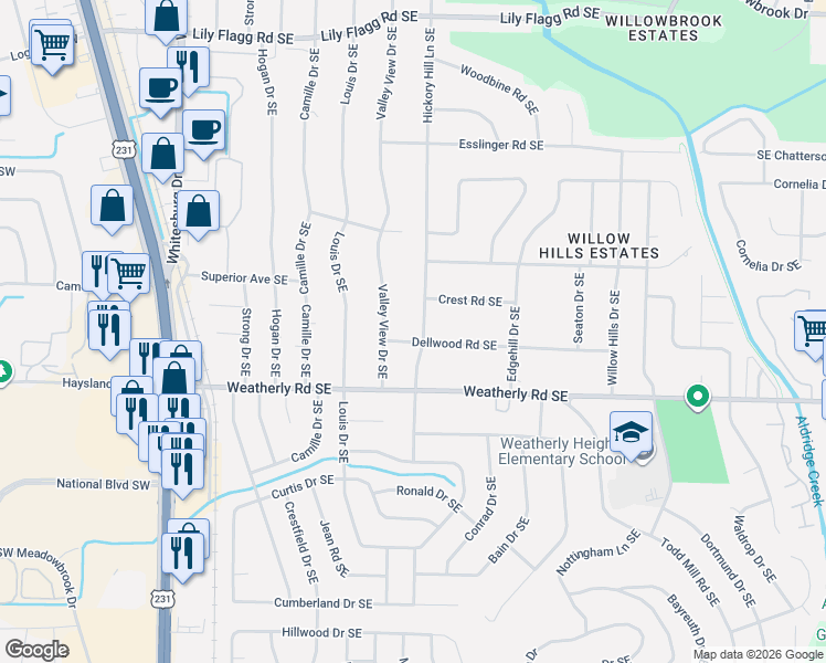 map of restaurants, bars, coffee shops, grocery stores, and more near 619 Dellwood Rd SE in Huntsville