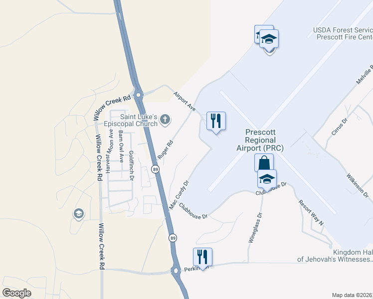 map of restaurants, bars, coffee shops, grocery stores, and more near 12 Bar Heart Drive in Prescott