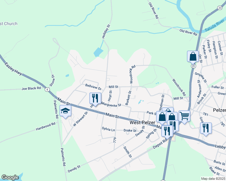 map of restaurants, bars, coffee shops, grocery stores, and more near 10 Hoyt St in Pelzer