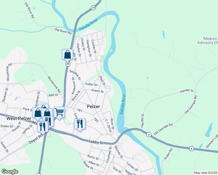 map of restaurants, bars, coffee shops, grocery stores, and more near 20 Green Street in Pelzer