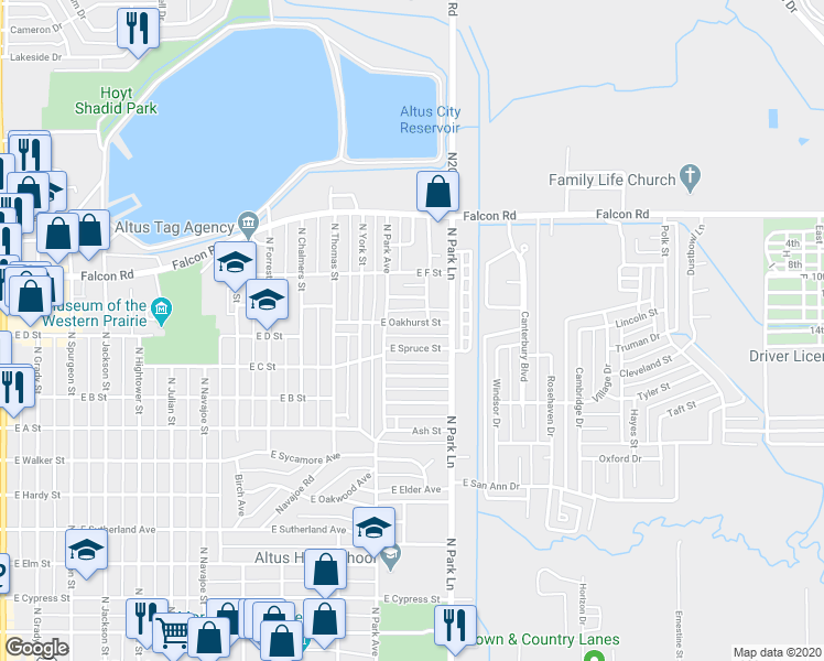 map of restaurants, bars, coffee shops, grocery stores, and more near 1320 East Oakhurst Street in Altus