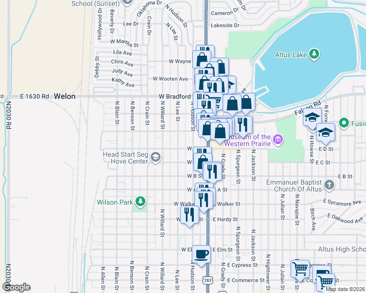 map of restaurants, bars, coffee shops, grocery stores, and more near 1102 North Lee Street in Altus