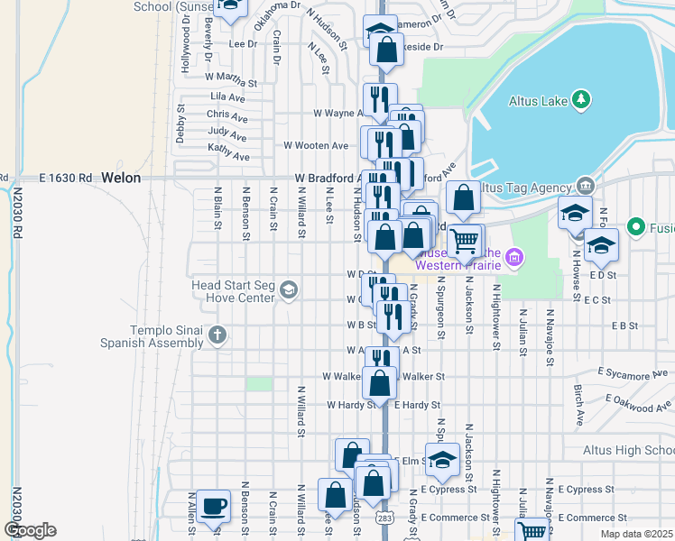 map of restaurants, bars, coffee shops, grocery stores, and more near 1102 North Lee Street in Altus