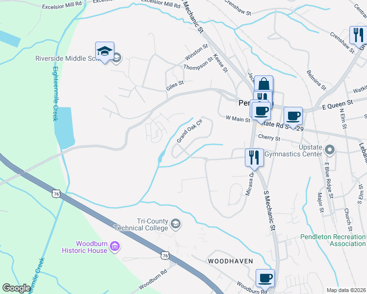 map of restaurants, bars, coffee shops, grocery stores, and more near 104 Grand Oak Circle in Pendleton