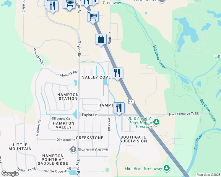 map of restaurants, bars, coffee shops, grocery stores, and more near 425 Wade Road in Owens Cross Roads