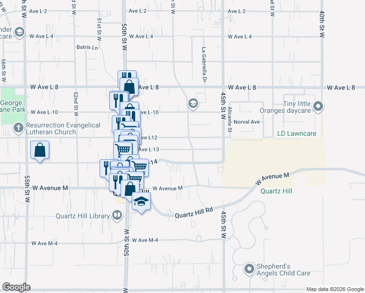 map of restaurants, bars, coffee shops, grocery stores, and more near 4727 West Avenue L 13 in Quartz Hill