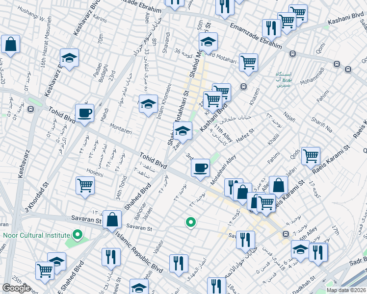map of restaurants, bars, coffee shops, grocery stores, and more near Kashani Road in Qom