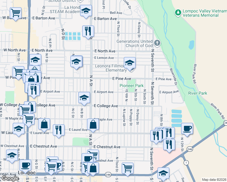 map of restaurants, bars, coffee shops, grocery stores, and more near 1013 East Airport Avenue in Lompoc