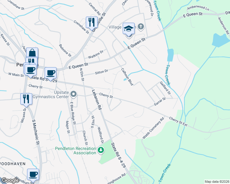 map of restaurants, bars, coffee shops, grocery stores, and more near 540 East Main Street in Pendleton