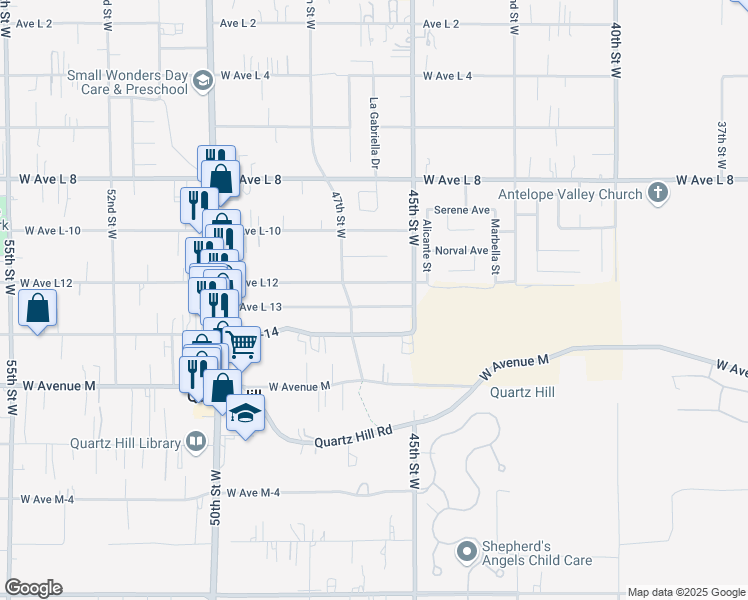 map of restaurants, bars, coffee shops, grocery stores, and more near 4553 West Avenue L 13 in Lancaster