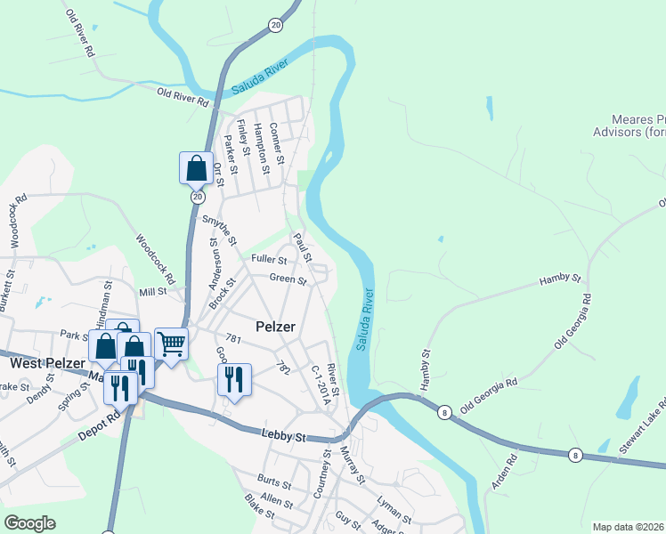 map of restaurants, bars, coffee shops, grocery stores, and more near 20 Green Street in Pelzer
