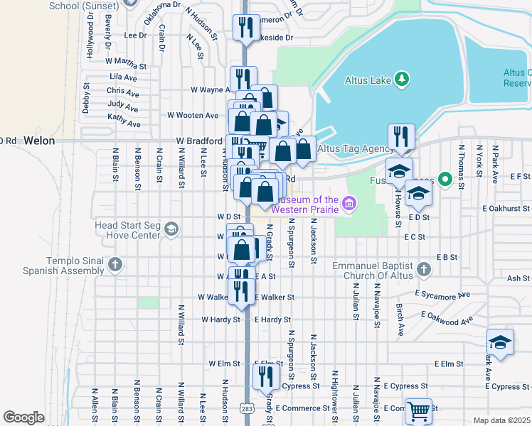map of restaurants, bars, coffee shops, grocery stores, and more near 1110 North Main Street in Altus