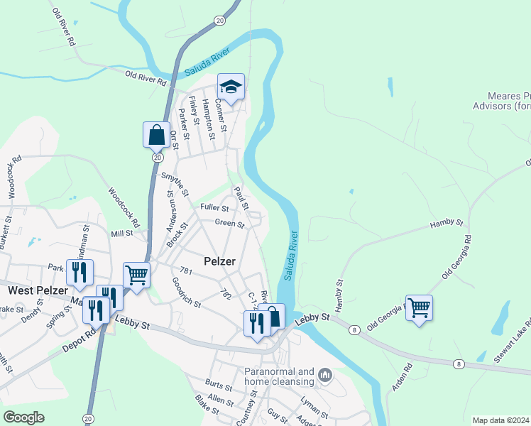 map of restaurants, bars, coffee shops, grocery stores, and more near 20 Green Street in Pelzer