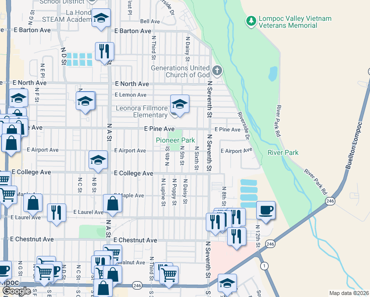 map of restaurants, bars, coffee shops, grocery stores, and more near 1301 East Airport Avenue in Lompoc