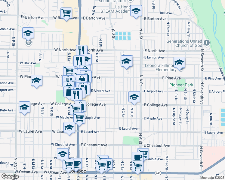 map of restaurants, bars, coffee shops, grocery stores, and more near 701 North D Street in Lompoc
