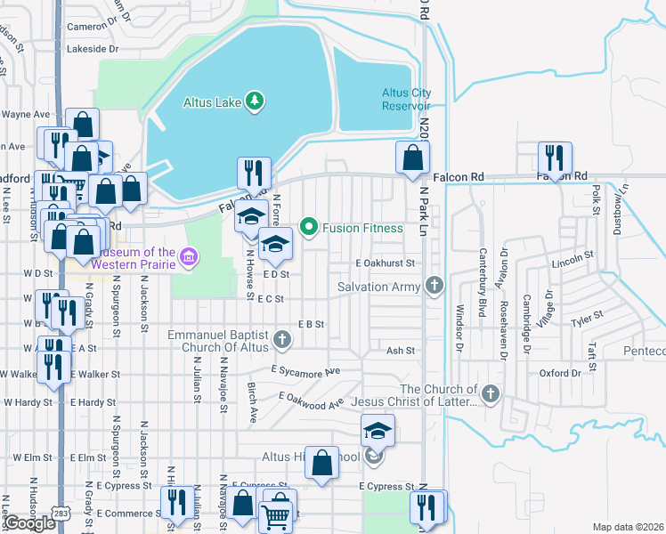 map of restaurants, bars, coffee shops, grocery stores, and more near 1100 East Oakhurst Street in Altus