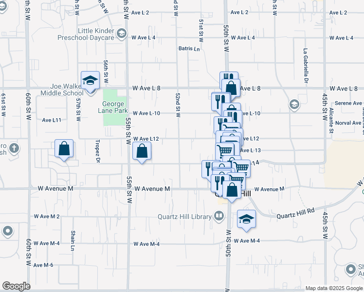map of restaurants, bars, coffee shops, grocery stores, and more near 42134 52nd Street West in Lancaster