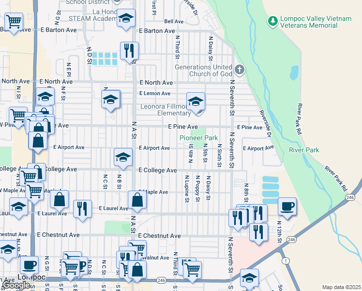map of restaurants, bars, coffee shops, grocery stores, and more near 1200 East Airport Avenue in Lompoc