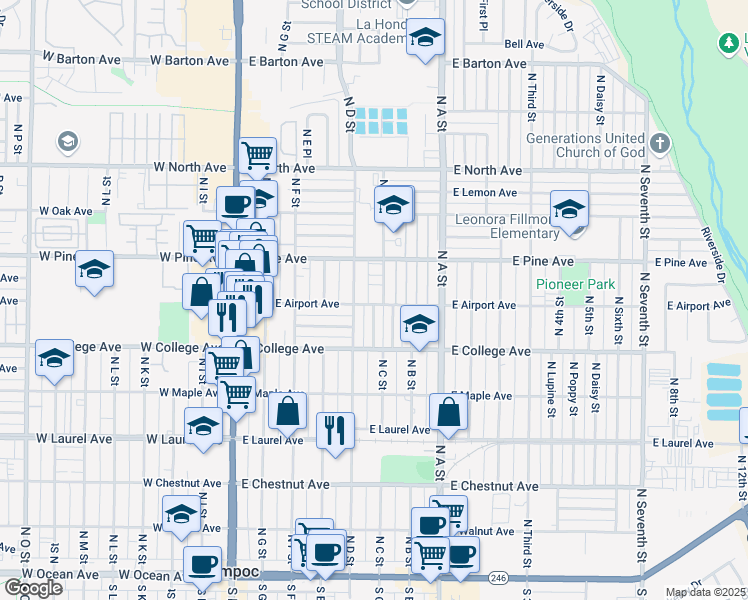 map of restaurants, bars, coffee shops, grocery stores, and more near 624 North Larkspur Street in Lompoc