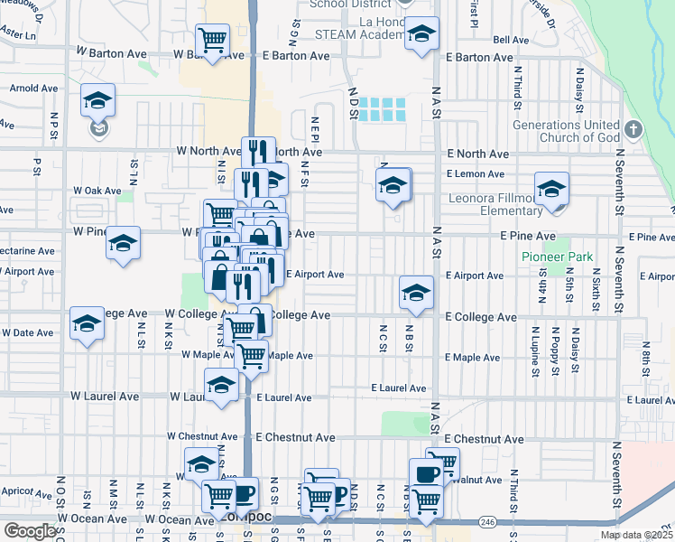 map of restaurants, bars, coffee shops, grocery stores, and more near 701 North D Street in Lompoc